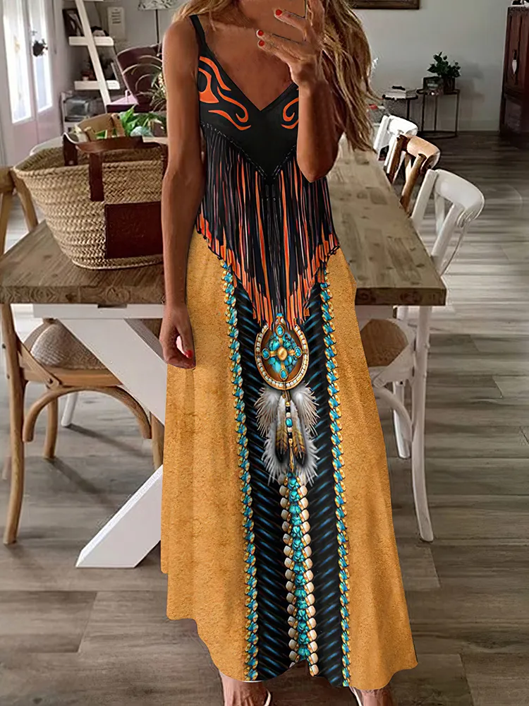 Western Feather Art Printed Maxi Dress