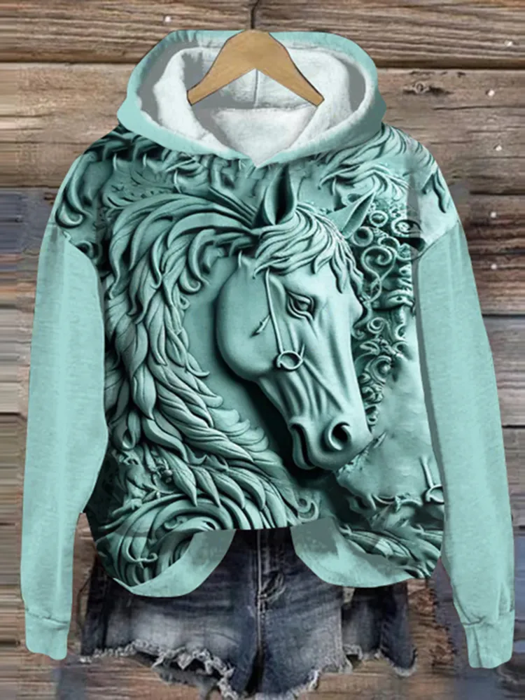 Western Horse Print Long Sleeve Hoodie