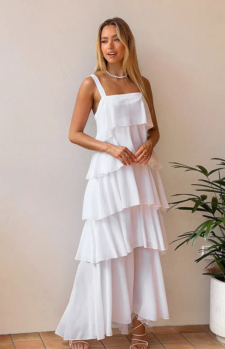 Brielle White Layered Frill Maxi Dress