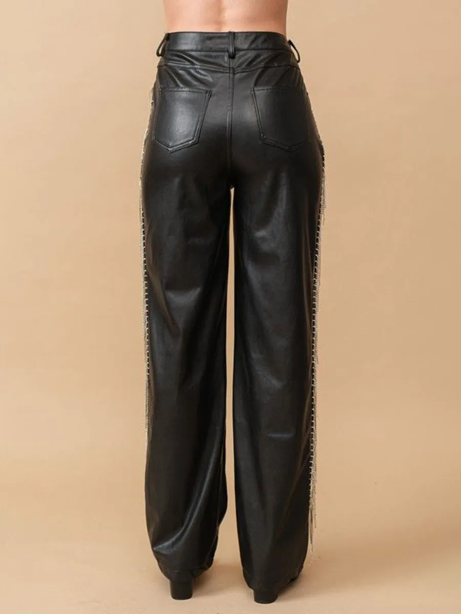 Rhinestone Fringe Leather Pants