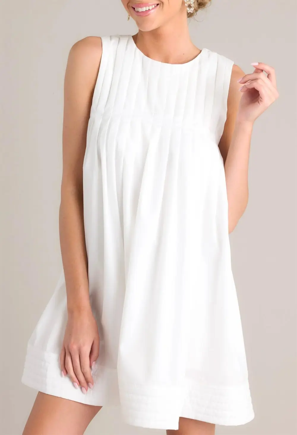 PLEATED PETAL WHITE MINI SHIFT DRESS