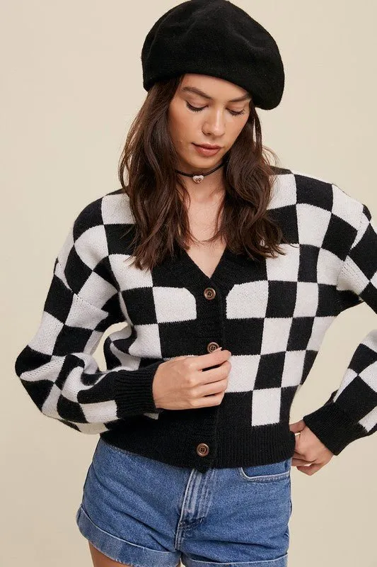 Bold Gingham Cropped Cardigan