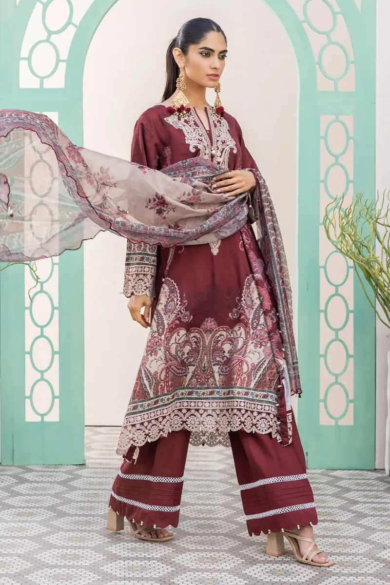 3 Piece Kurta Embroidered | Dupatta& Bottom & Tops | Color Claret