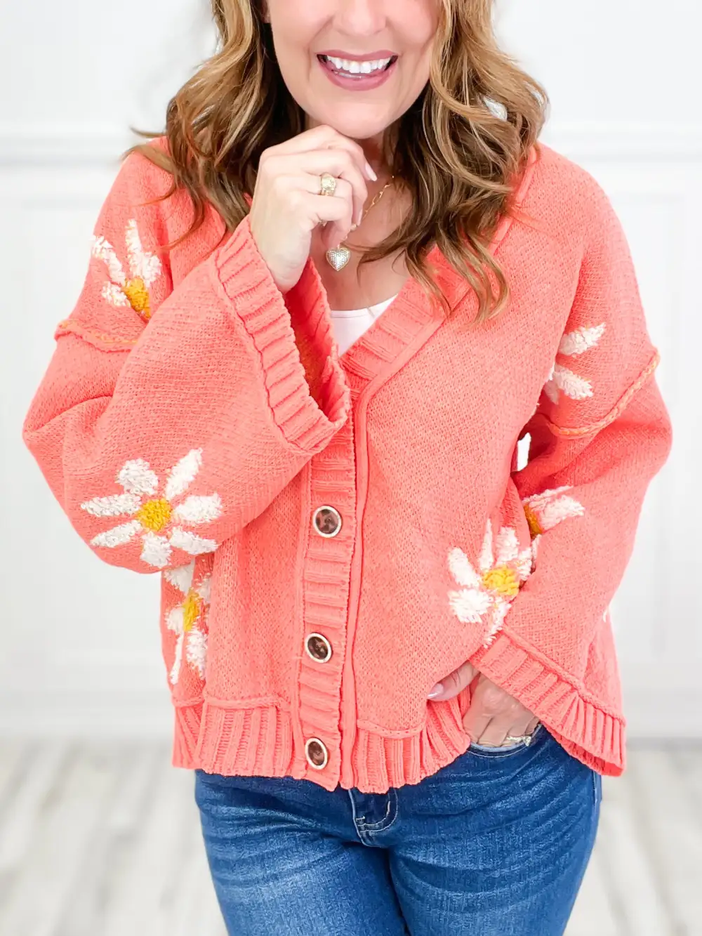 Daisy Love Fleece Floral Pattern Button Down Cardigan Sweater