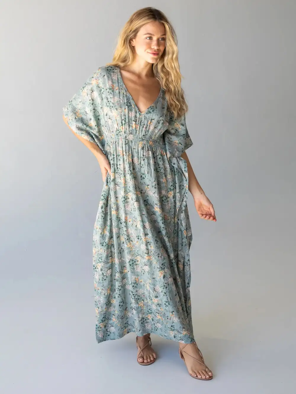 Sanibel Kaftan Maxi Dress - Light Green Floral