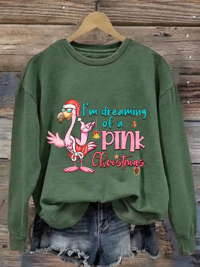 Women's I‘m Dreaming of a Pink Christmas Flamingo Print Casual Sweatshirt