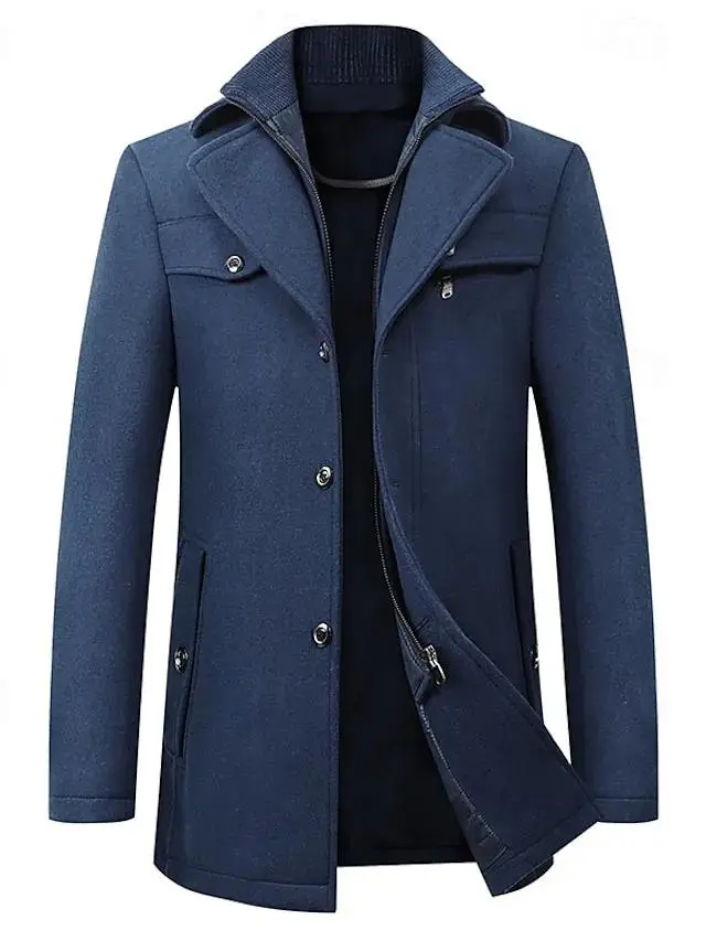 Men's Winter Coat Wool Coat Overcoat Business WorkWear Winter Wool Windproof Warm Outerwear Clothing Apparel Basic Essential Solid Colored Turndown