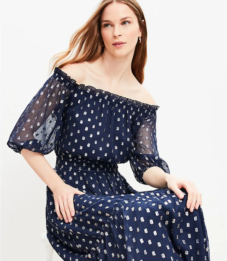 Clip Balloon Sleeve Off The Shoulder Midi Dress