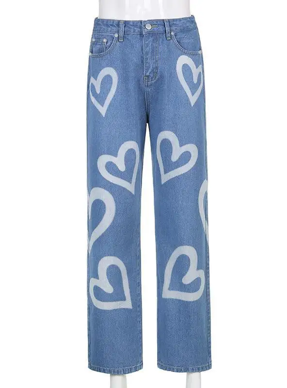 Love Graffiti Printing Straight Street Style Jeans