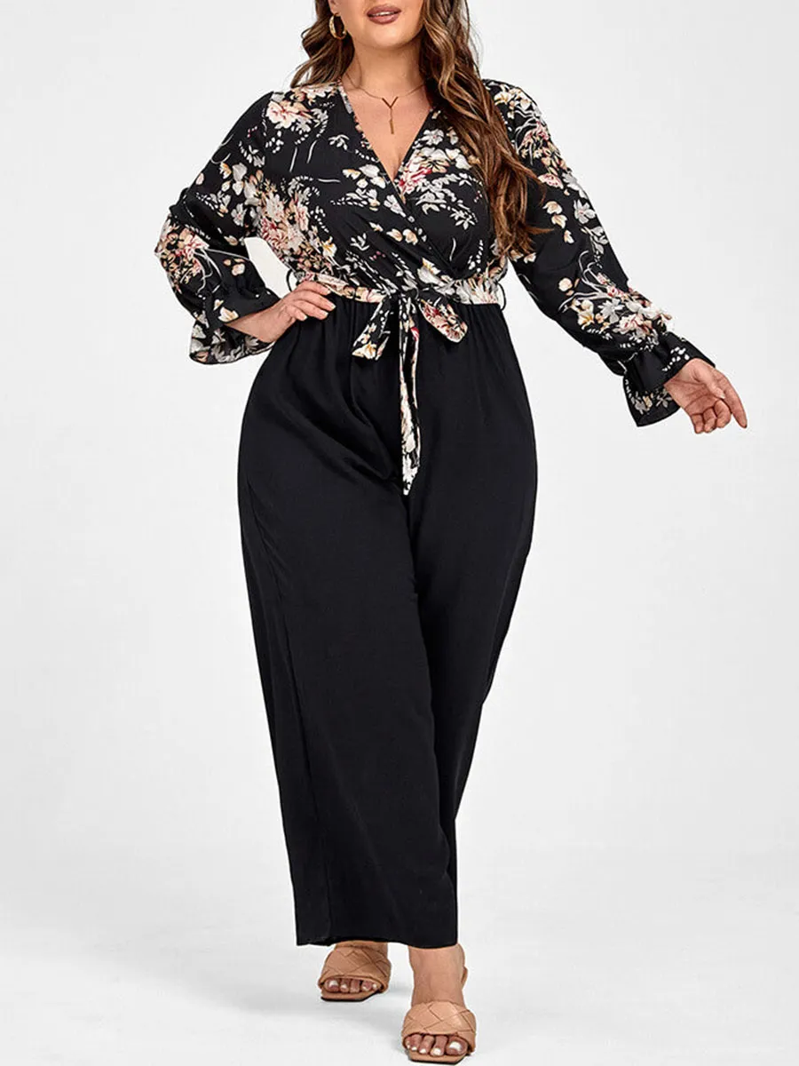 Plus Floral Patchwork Wrap Belted Pocket Jumpsuit