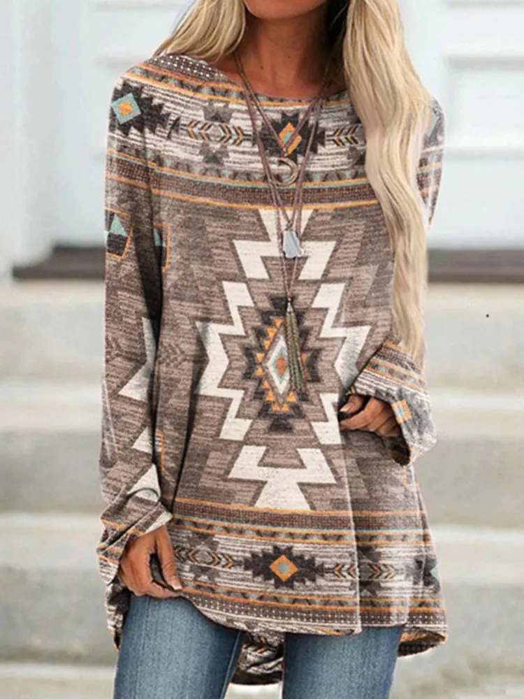 Western Print Crew Neck Long Sleeve Casual Tunic