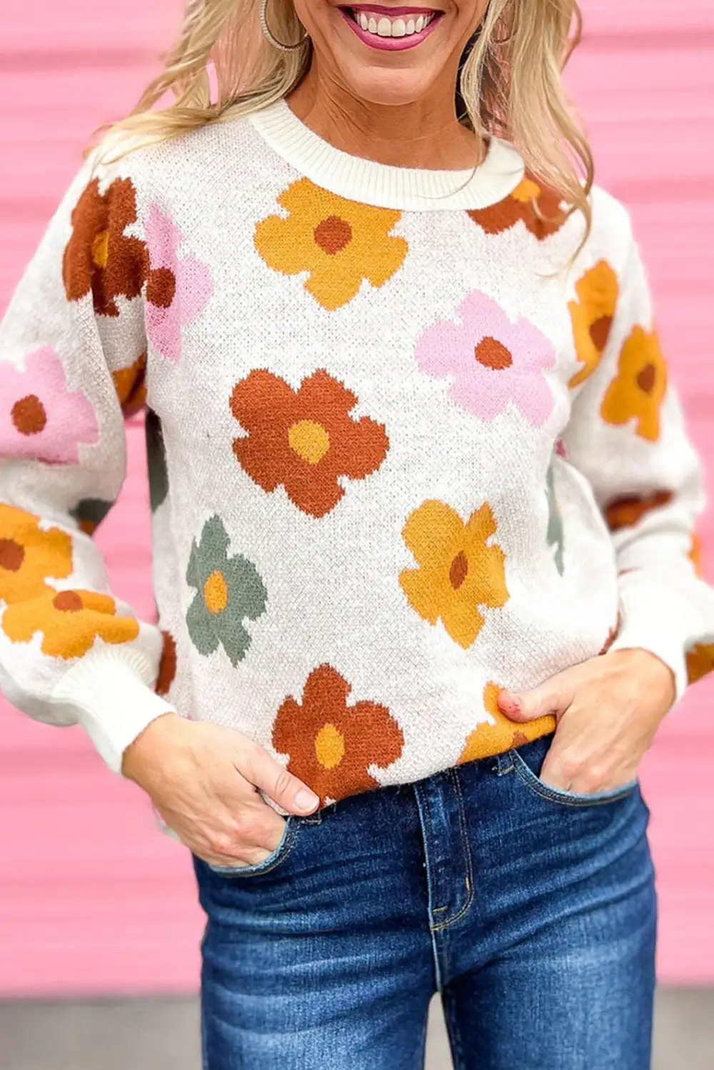 Sweet Flower Knitted Ribbed Hem Sweater