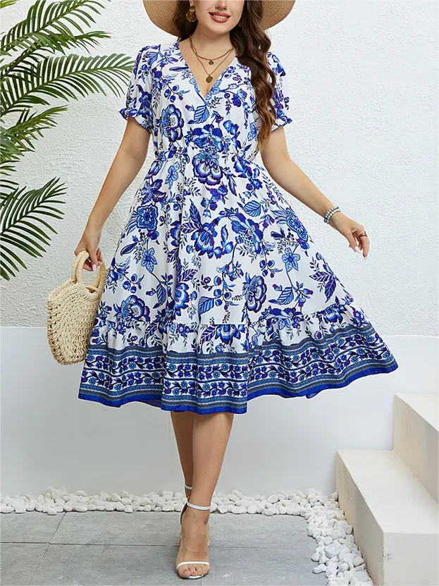 Plus Blue Floral Puff Sleeve Ruffle Hem Elastic Waist Midi Dress