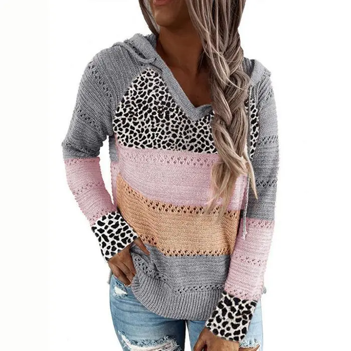 Fashion Hooded Leopard Stitched Knit Sweater