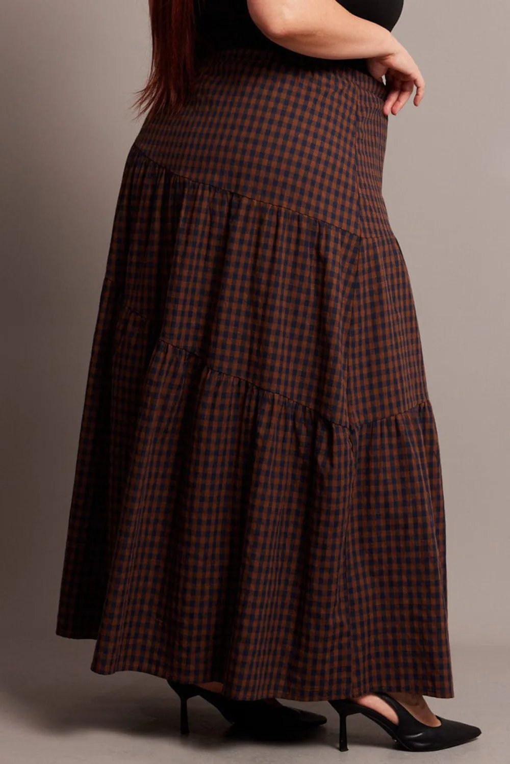 Brown Check Check Maxi Skirt