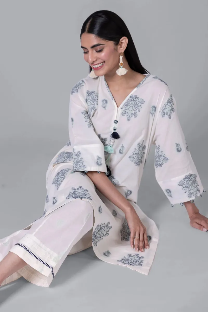 2 Piece Kurta | Embroidered & Pants Dark White