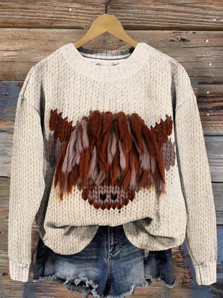 Cute Fluffy Highland Cow Embroidery Art Cozy Sweater