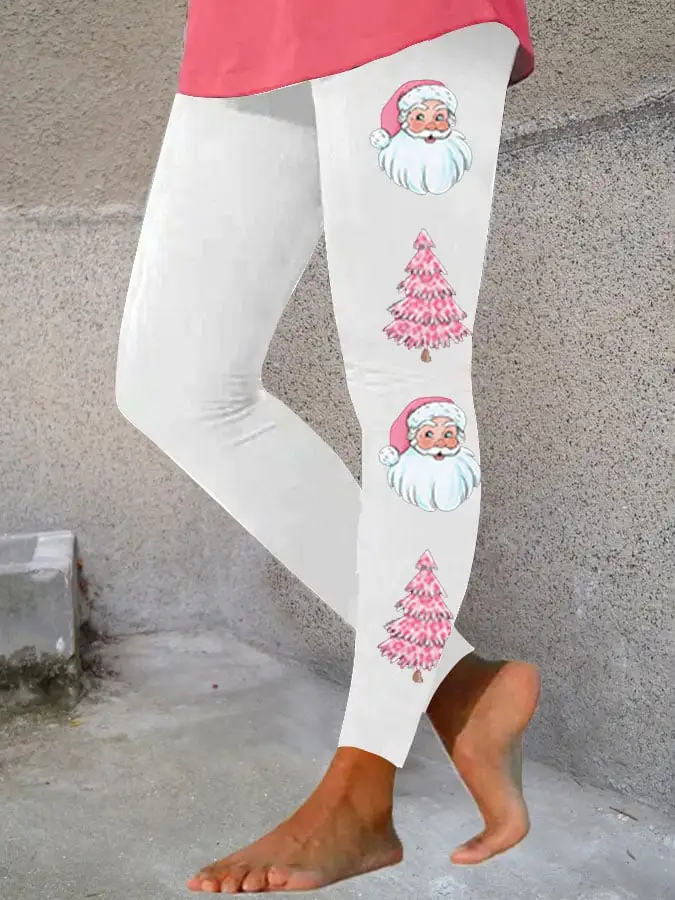 Women's Pink Santa Claus   Tree Print Stretch Leggings