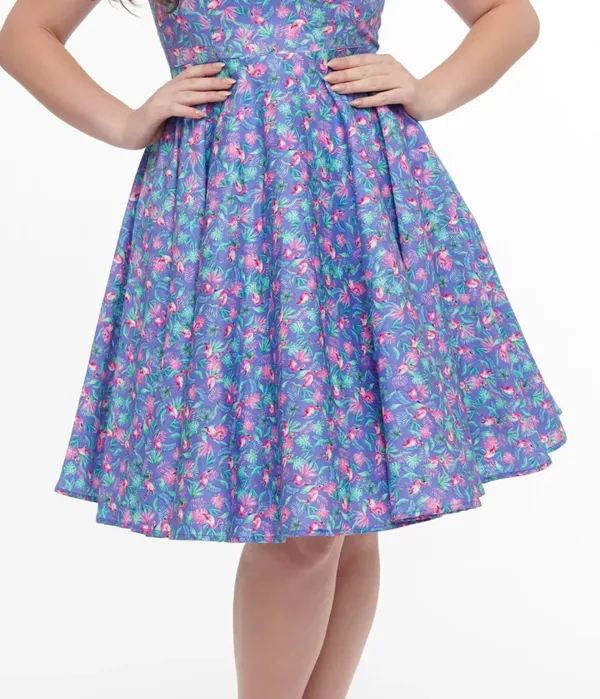 Dolly & Dotty 1950s Purple & Pink Flamingo Leaf Print Grace Swing Dress