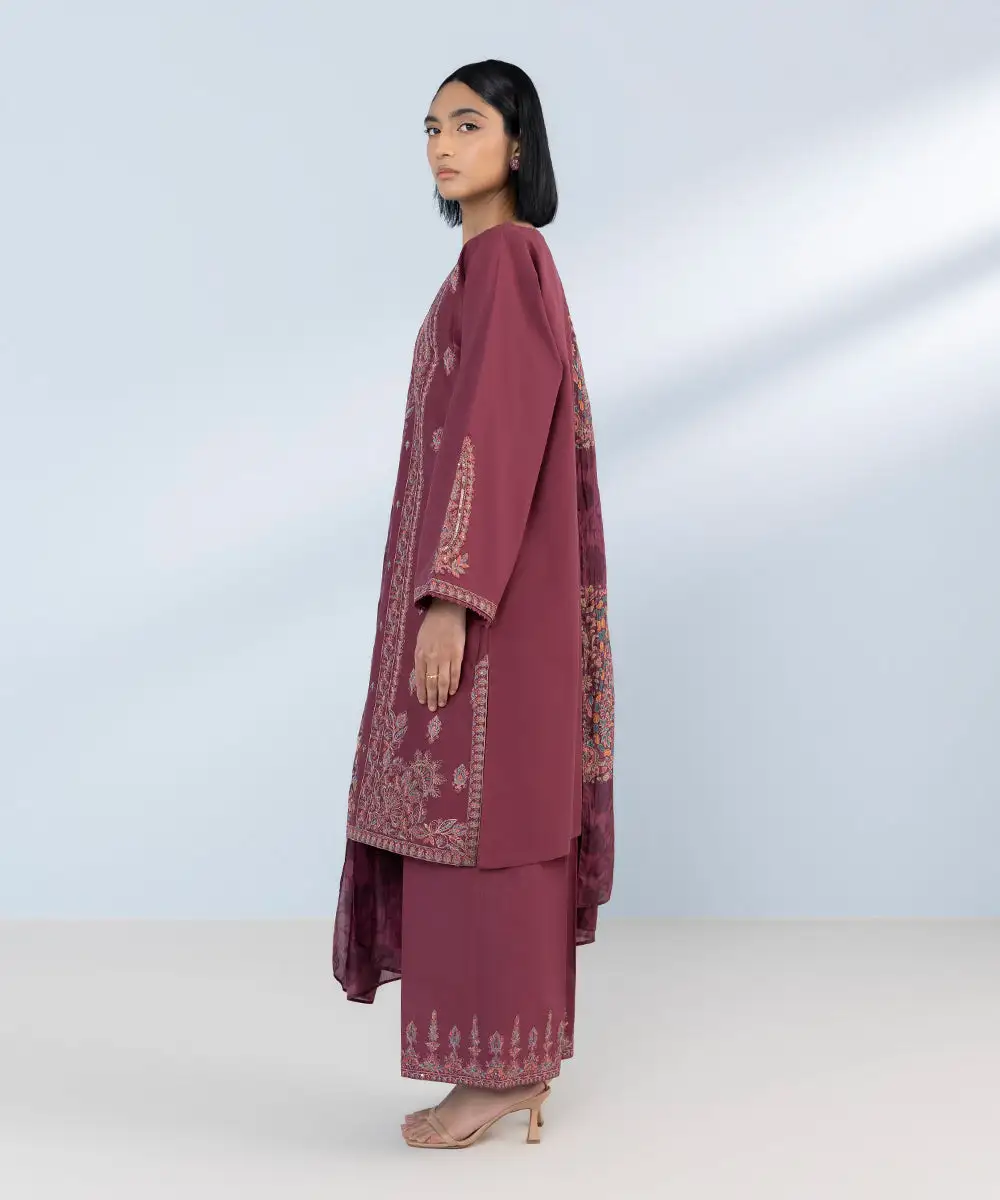 3 Piece - Embroidered Cotton Satin Suit