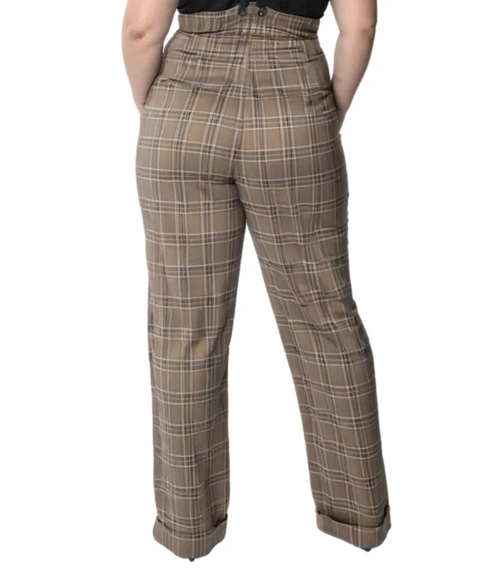 Unique Vintage Plus Size 1930s Dark Beige Windowpane Thelma Suspender Pants