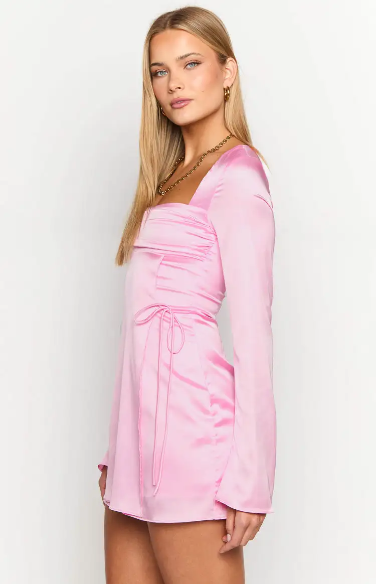 Lucy Pink Satin Long Sleeve Mini Dress