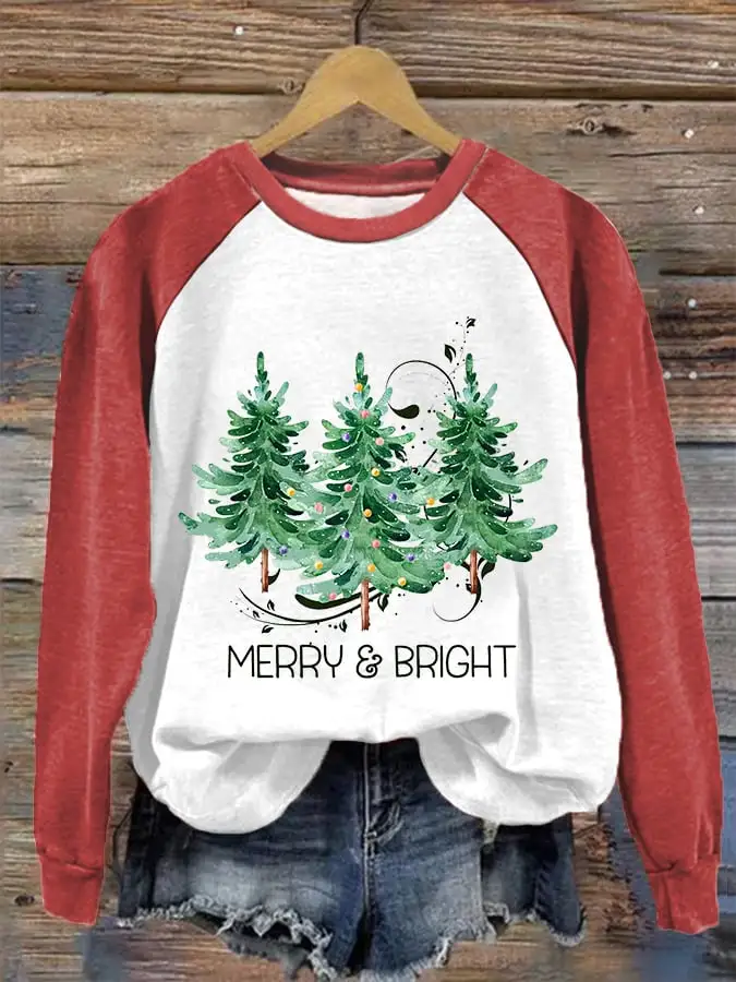 Women's Merry And Bright Christmas Tree Print Casual Sweatshirt