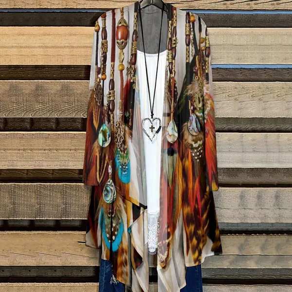 Western Tribal Feather Print Cardigan