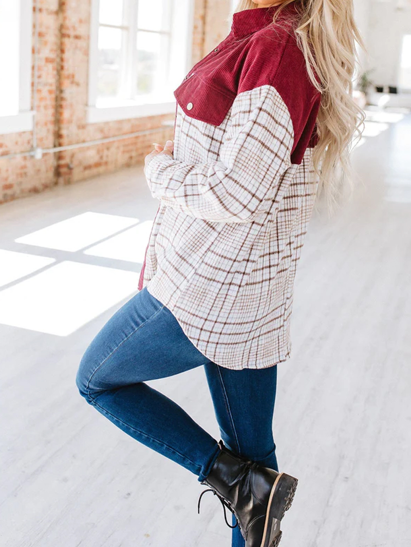 Wine Red Casual Elegant Plaid Jacket Coat