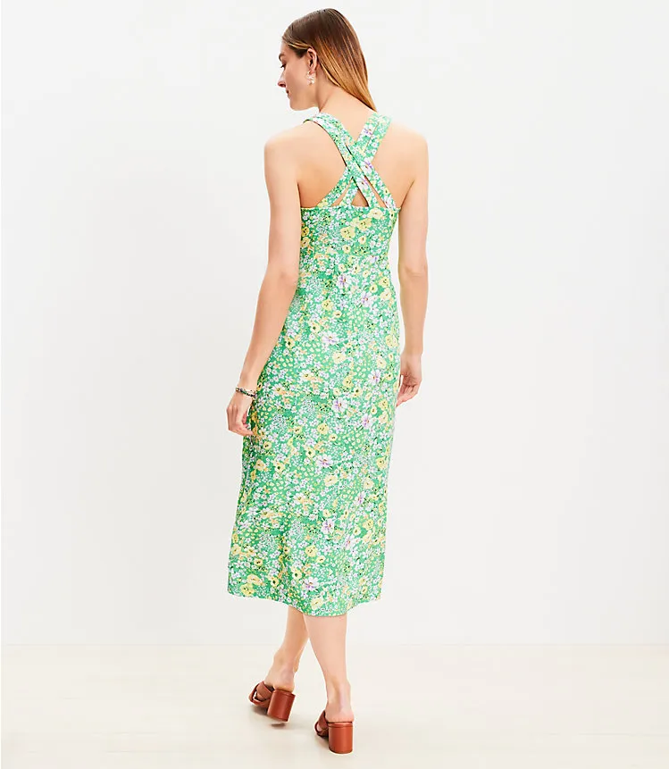 Floral Crossover Back Button Midi Dress