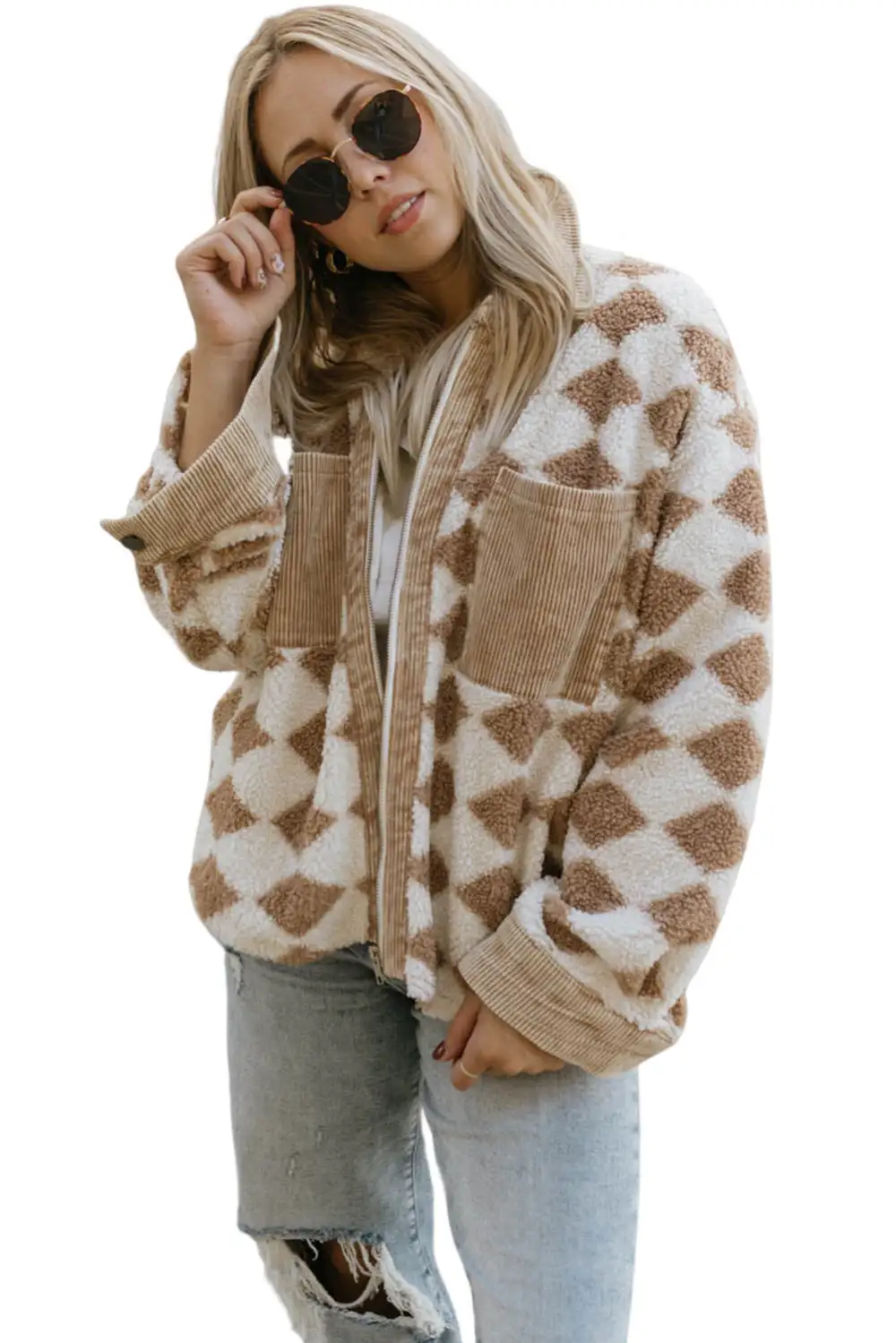 Apricot Geometric Pattern Corduroy Patch Pockets Sherpa Jacket