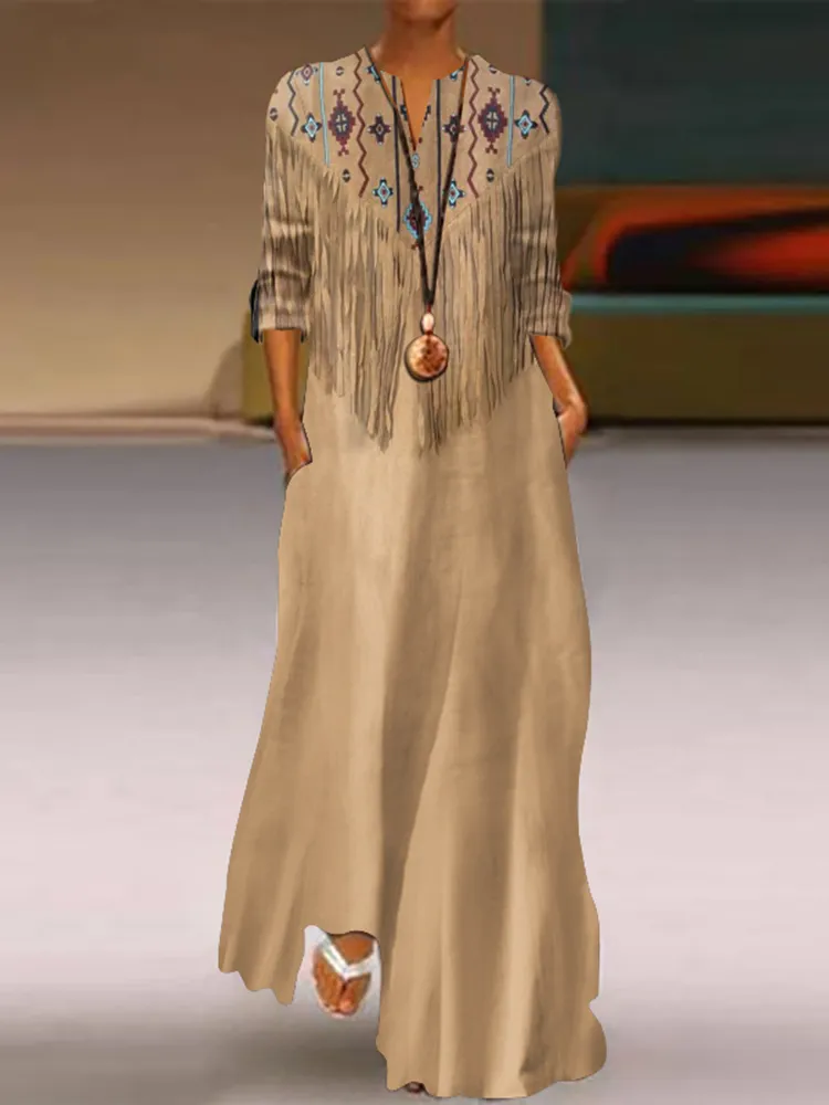 Western Ethnic Tassel Print V-Neck Casual Maxi Dress