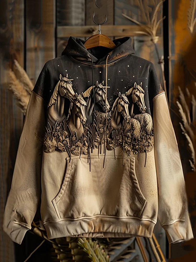 Vintage Western Horse Print Hoodie