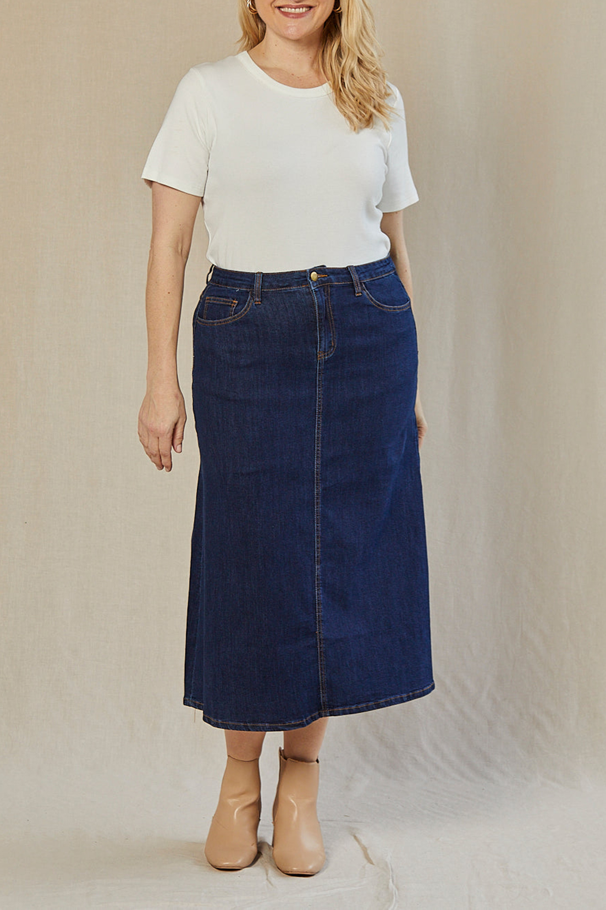 Adrift Denim A-Line Skirt in Mid Wash