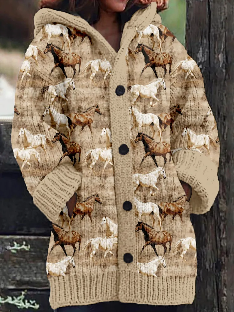 Saunter Horses Pattern Cozy Hooded Cardigan