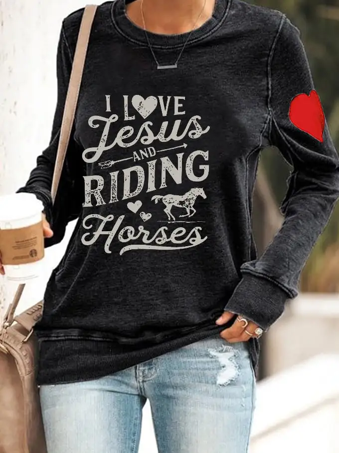 Women's Western I Love Jesus And Riding Horses Printed Sweatshirt