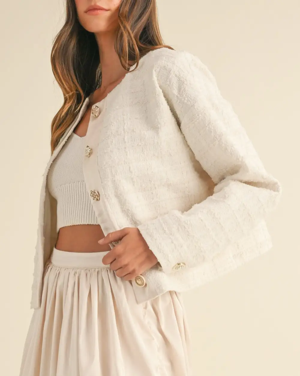 Jewel Button Up Tweed Jacket - Cream