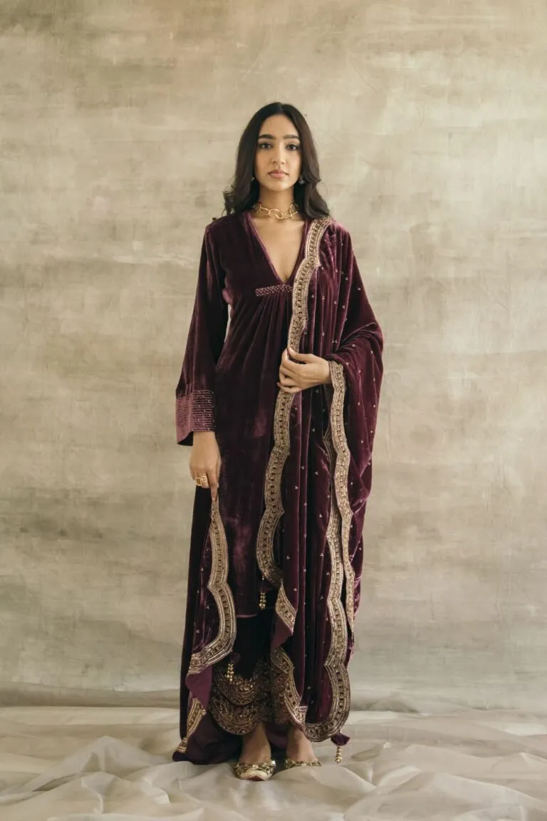 Wine Asymmetrical Silk Velvet Kurta Set