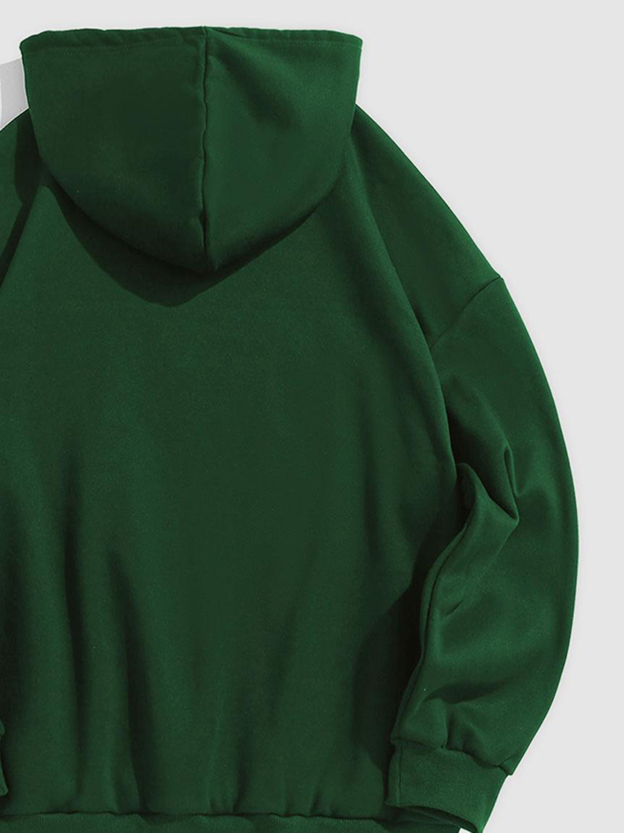 Letter-embroidered puffy fleece-lined green hoodie