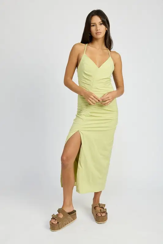 RUCHED SATIN DRESS WITH CROSSED BACK