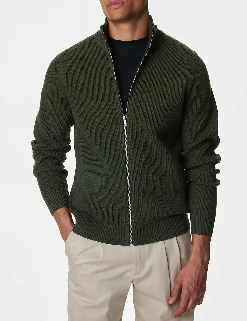 Cotton Blend Funnel Neck Zip Up Jumper