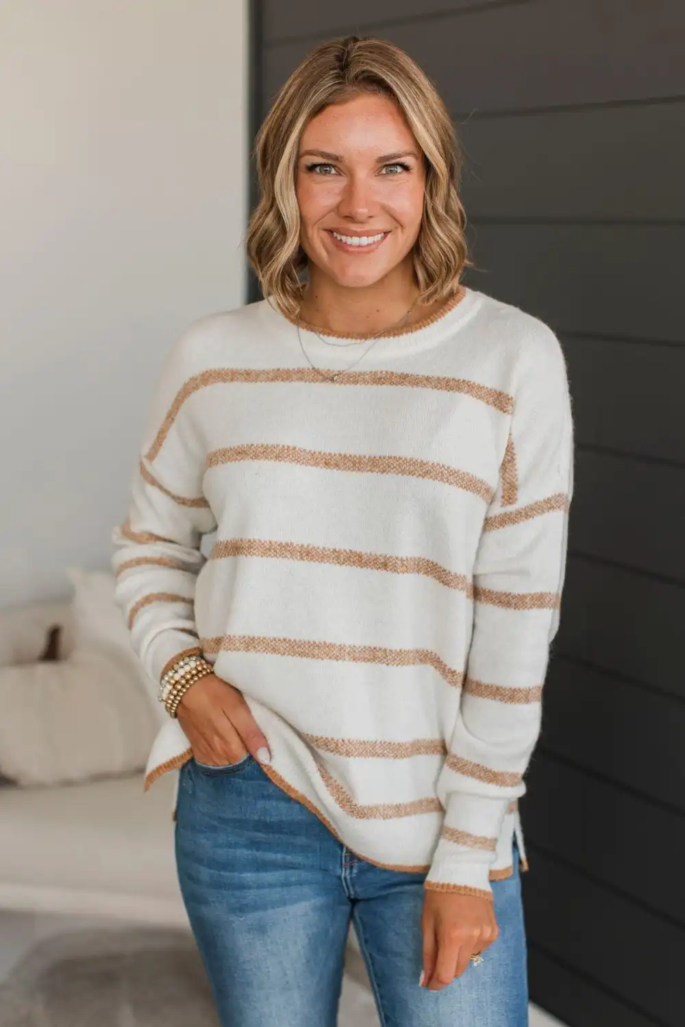 Undivided Attention Striped Sweater- Ivory & Honey