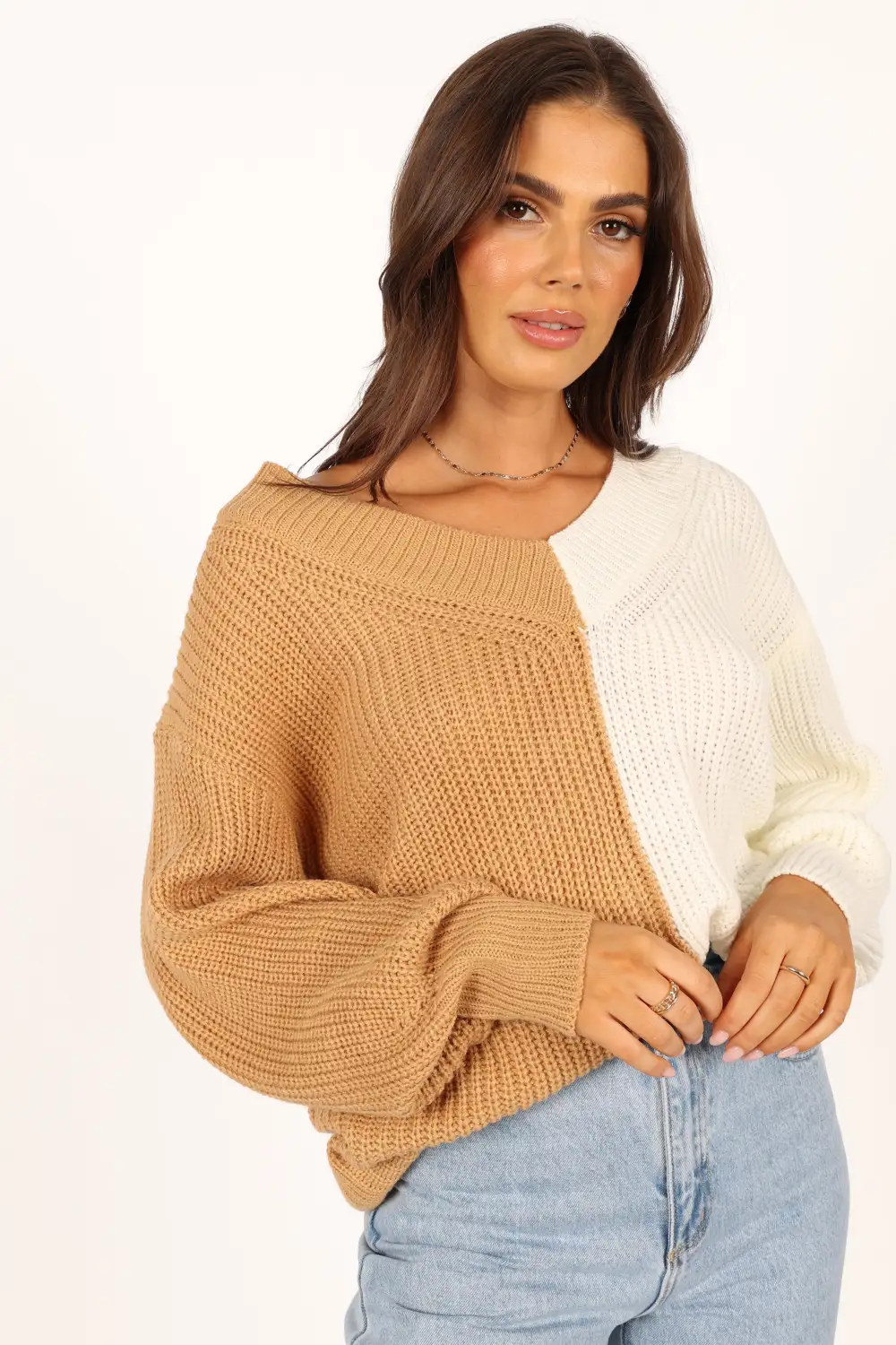 Victoria Two Tone Vneck Knit Sweater - Beige Multi