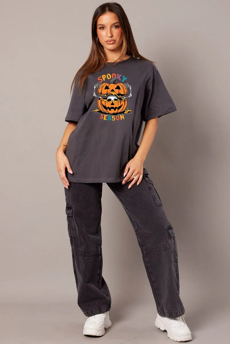 Women's Pumpkin Art Letter Combination Printed T-shirt