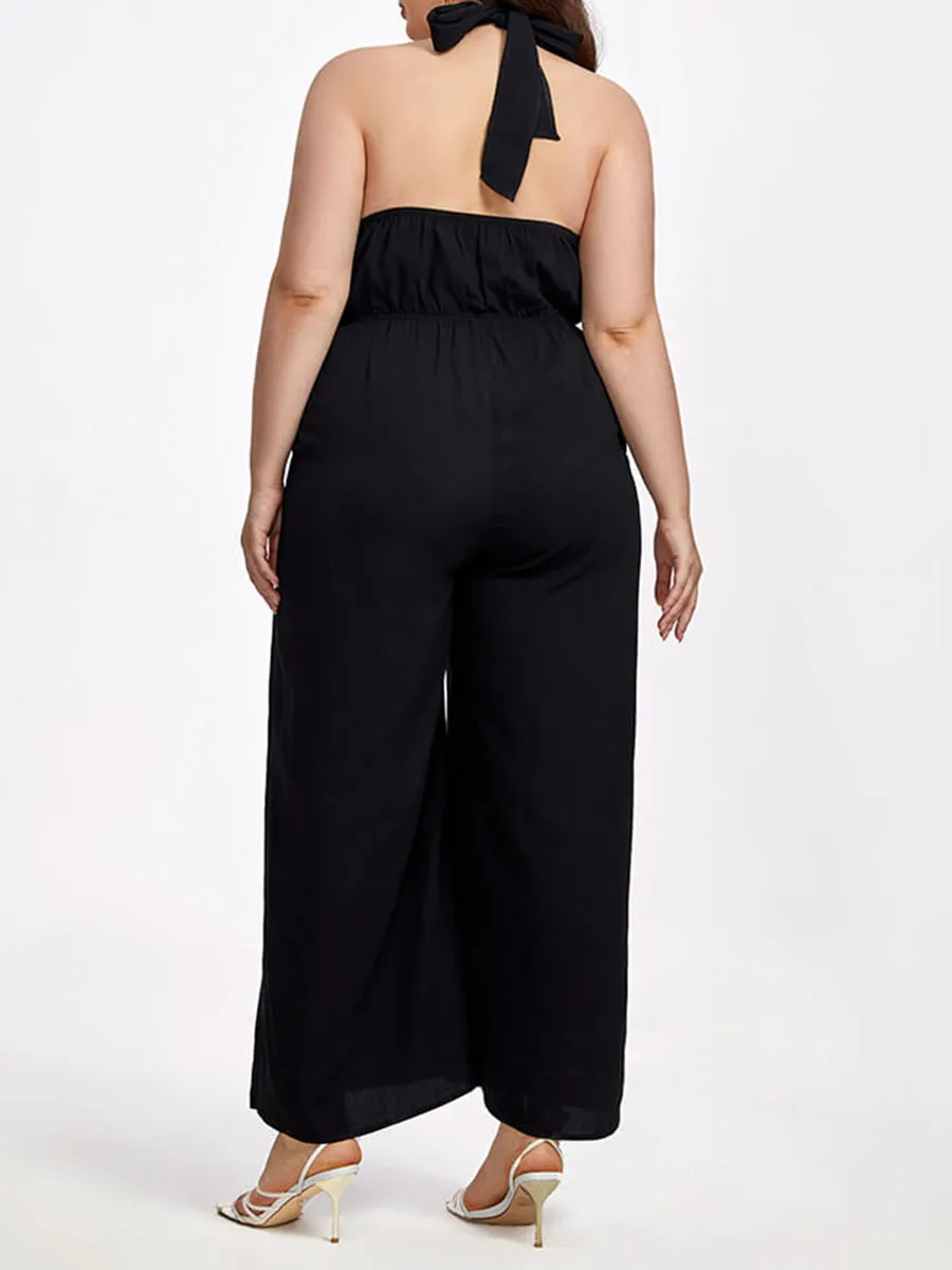 Plus Black Halter Crisscross Pocket Elastic Waist Wide Leg Jumpsuit