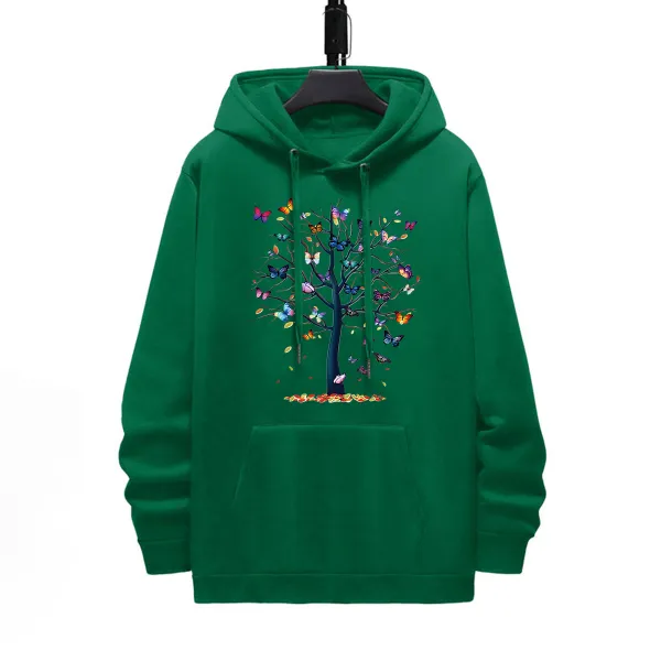 TREE AND BUTTERFLY PATTERN PRINTED HOODIE