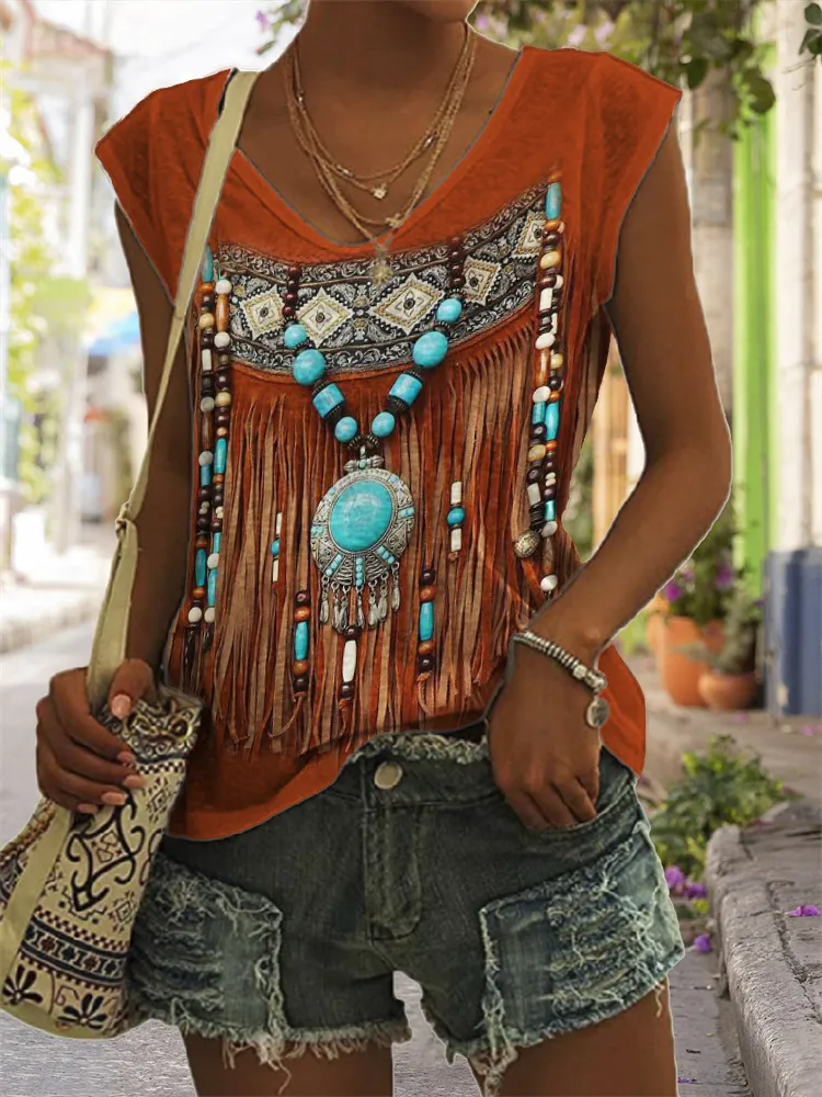 Western Ethnic Turquoise Beaded Leather Art Tank Top