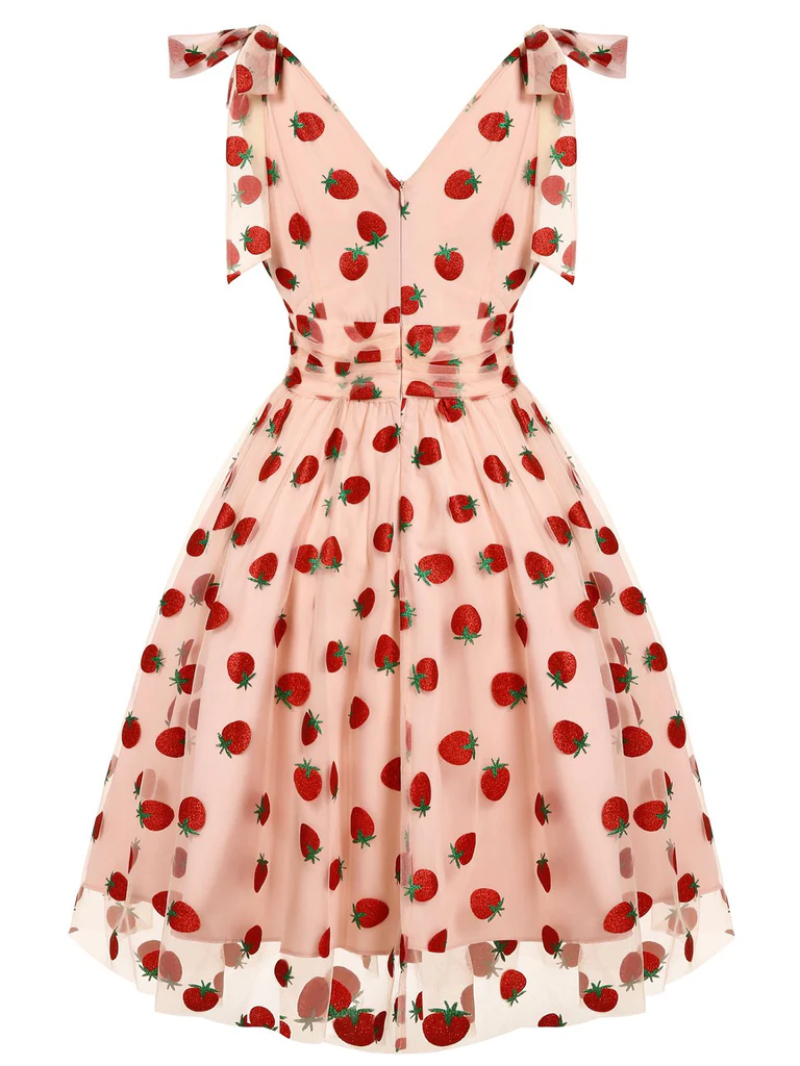 PINK 1950S STRAWBERRY MESH SWING DRESS