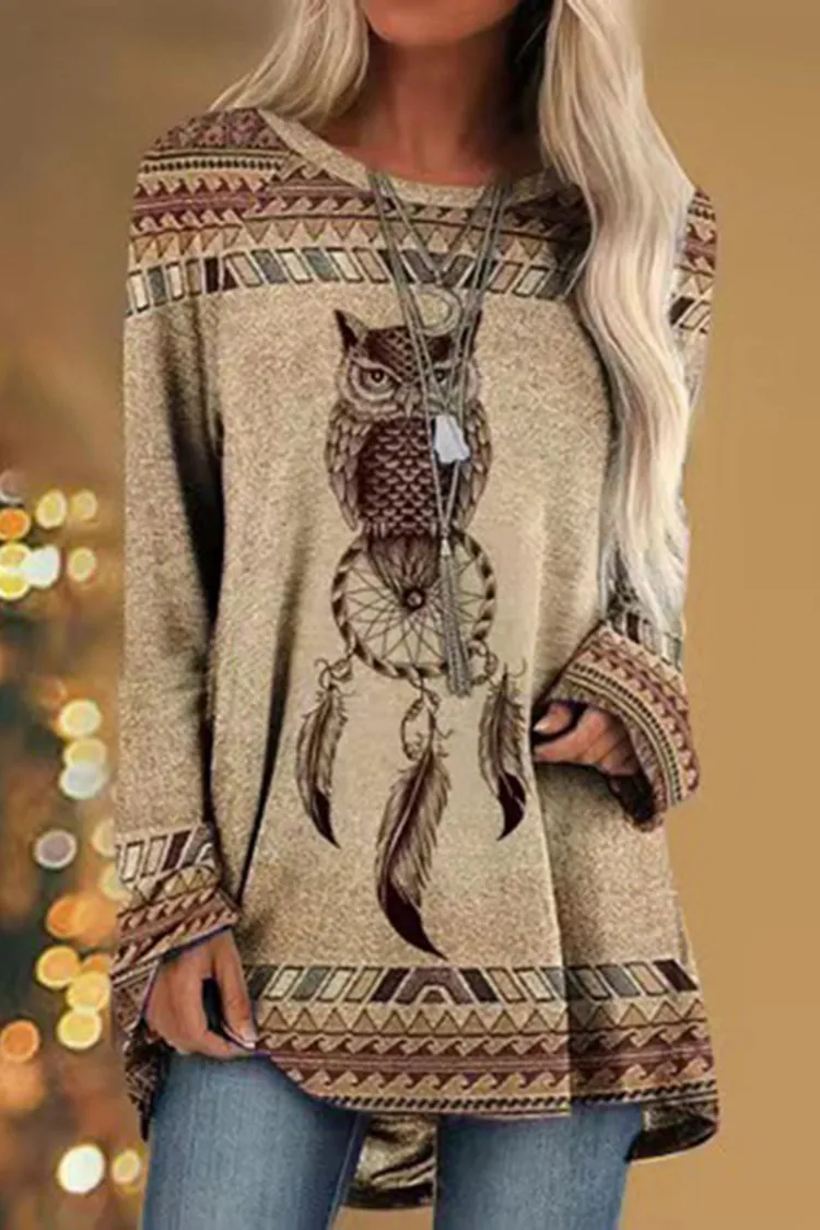 Printed Round Neck Western Style Raglan Sleeve Loose Tunic