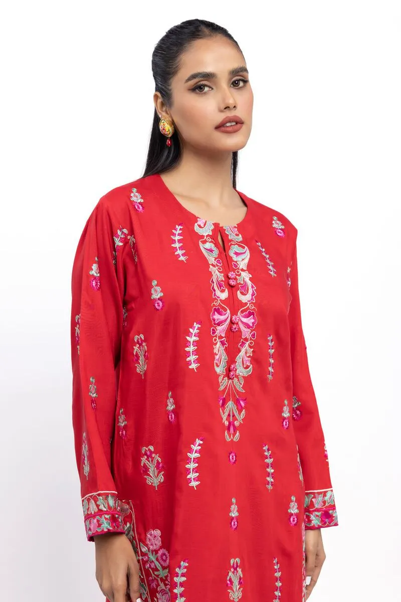 3 Piece Kurta Embroidered | Dupatta& Bottom & Tops | Color red